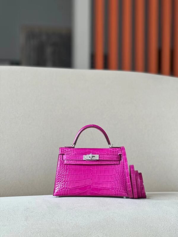 Hermes mini Kelly Shiny Wild Alligator crocodile Deep Rose Purple Silver Hardware 19cm Full Handmade