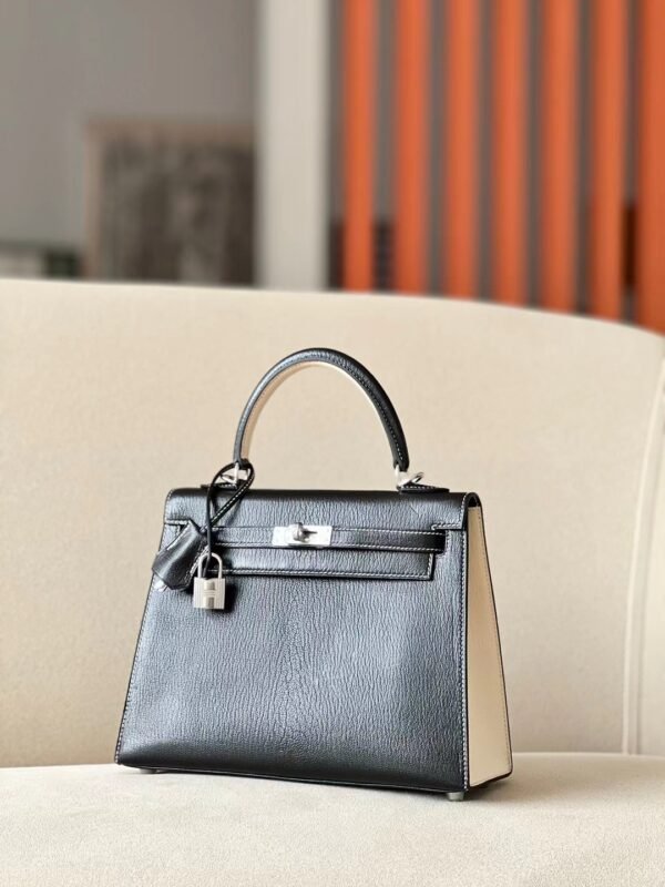 Hermes Kelly Chevre CK89 Black & Creamy White Silver Hardware 25cm Full Handmade