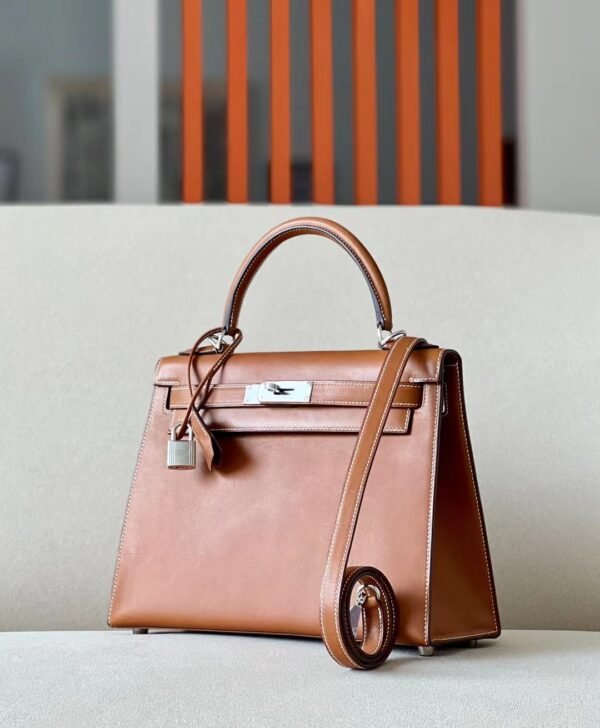 Hermes Kelly Barenia CK37 Golden Brown Silver Hardware 28cm Full Handmade