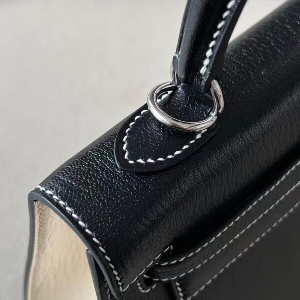 Hermes Kelly Chevre CK89 Black & Creamy White Silver Hardware 25cm Full Handmade