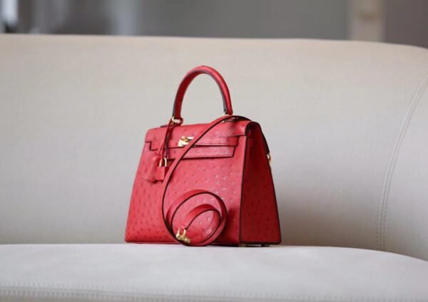 Hermès Kelly Ostrich CK95 Ferrari red Gold Hardware 25cm Full Handmade