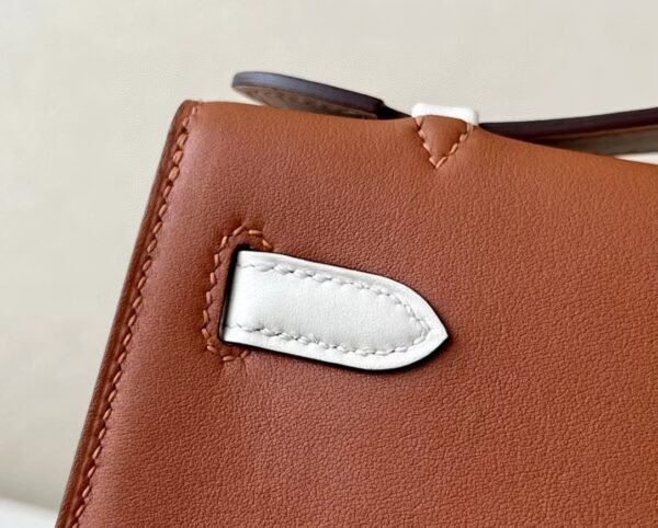 Hermès mini Kelly pochette swift CK37 Golden Brown & CC10 Creamy White Gold Hardware 22cm Full Handmade