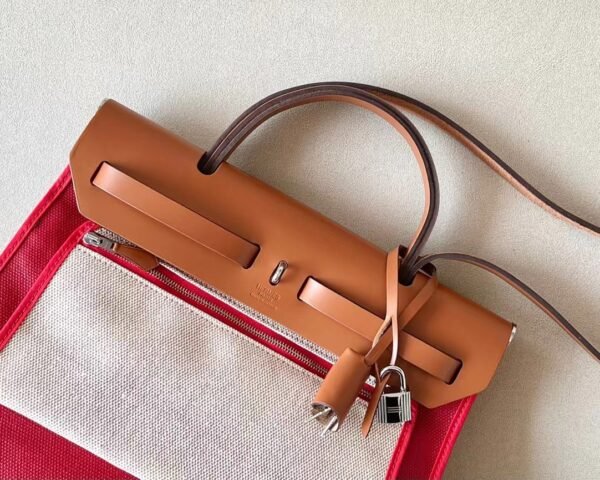 Hermes Herbag Barenia & Canvas Red & Golden Brown Silver Hardware 31cm Full Handmade