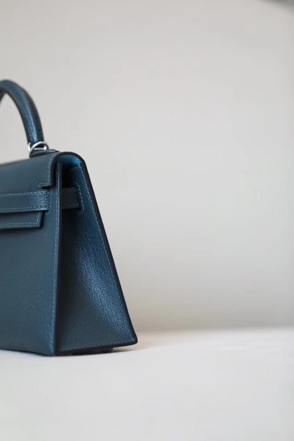 Hermes Mini Kelly Chevre Leather Cypress green & Blue Silver Hardware 19cm Full Handmade