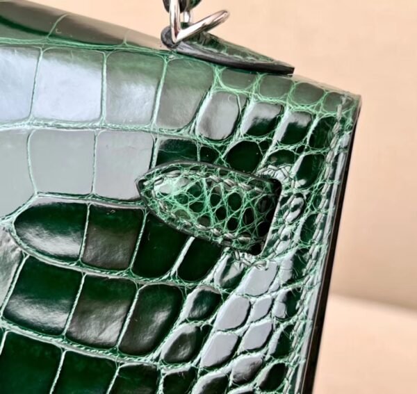 Hermes Mini Kelly Shiny Alligator crocodile 67 Dark green Silver Hardware 19cm Full Handmade