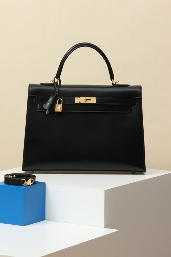 GPC Mode Kelly Shiny Box Leather CK89 Black Gold Hardware 35cm Full Handmade