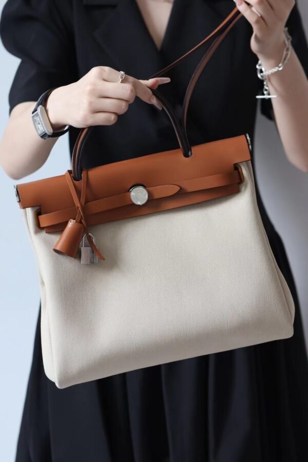 GPC Mode Herbag Barenia & Canvas off-white & Brown Silver Hardware 31cm Full Handmade