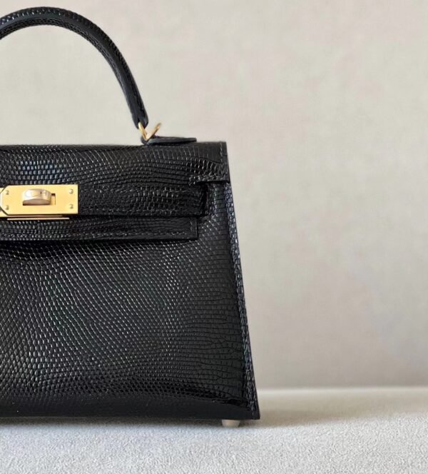 Hermès mini Kelly Lizard CK89 Black Gold Hardware 19cm Full Handmade