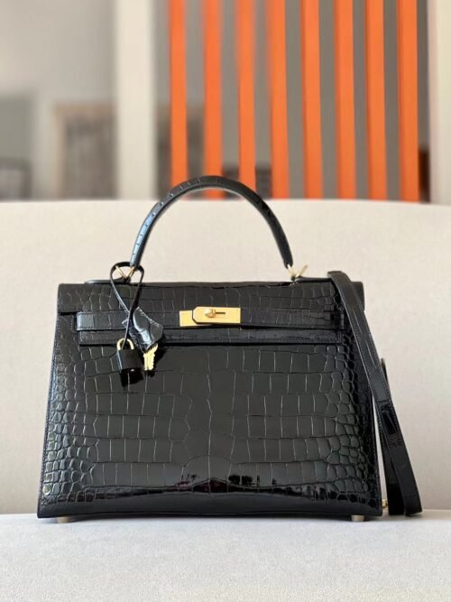 Hermes Kelly Shiny Porosus crocodile CK89 Black Gold Hardware 35cm Full Handmade