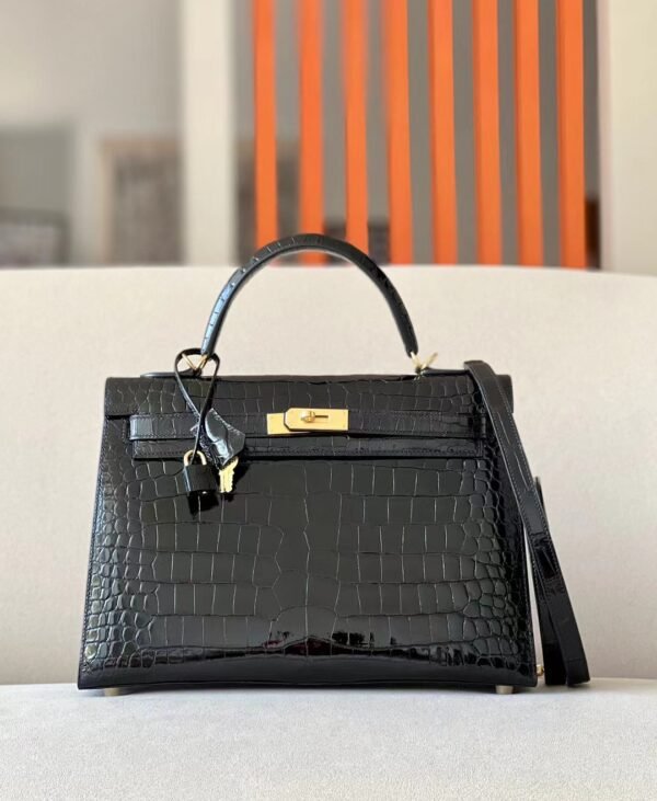 Hermes Kelly Shiny Porosus crocodile CK89 Black Gold Hardware 35cm Full Handmade