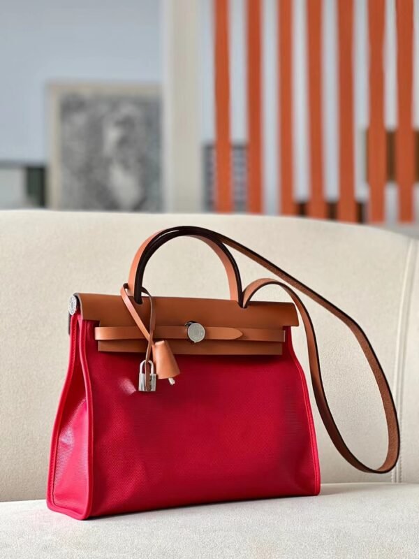 Hermes Herbag Barenia & Canvas Red & Golden Brown Silver Hardware 31cm Full Handmade