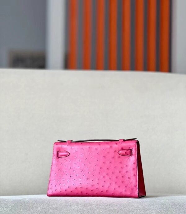 Hermes Mini Kelly pochette Ostrich E5 Candy Pink Silver Hardware 22cm Full Handmade