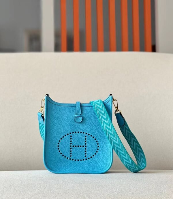 Hermes Mini Evelyne TC P3 Sky Blue Gold Hardware 17cm Full Handmade