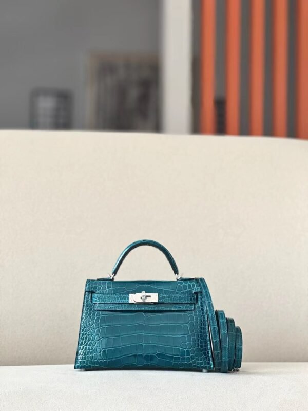 Hermes Mini Kelly Shiny Alligator crocodile WO Blue Green Silver Hardware 19cm Full Handmade