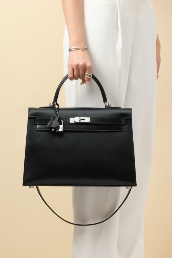 GPC Mode Kelly Shiny Box Leather CK89 Black Silver Hardware 35cm Full Handmade