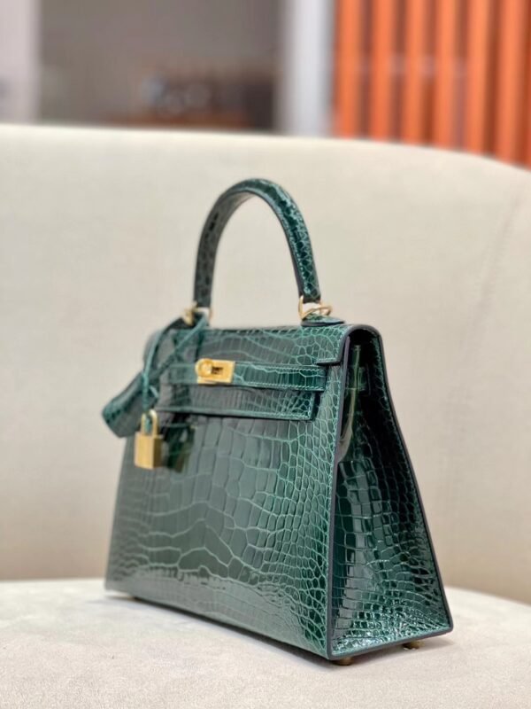 Hermes Kelly Shiny Alligator crocodile CK67 Deep Green Gold Hardware 25cm Full Handmade