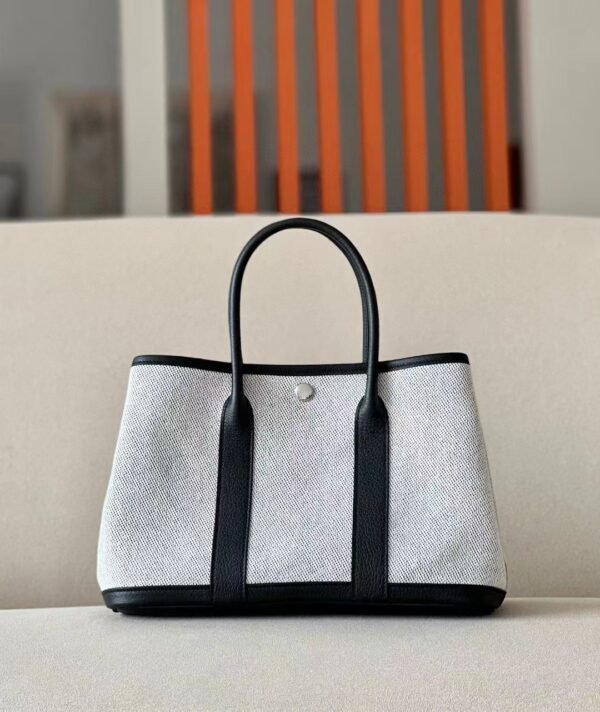Hermes Garden Party NE Leather & Canvas Ashen & Black Silver Hardware 30cm Full Handmade