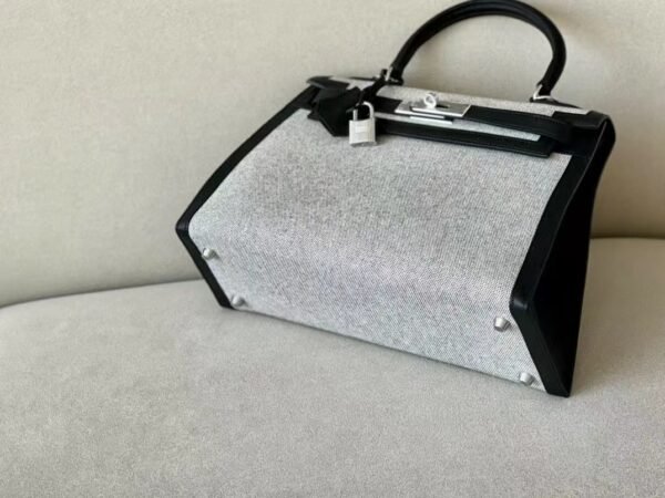 Hermes Kelly swift & canvas CK89 Black Silver Hardware 28cm Full Handmade