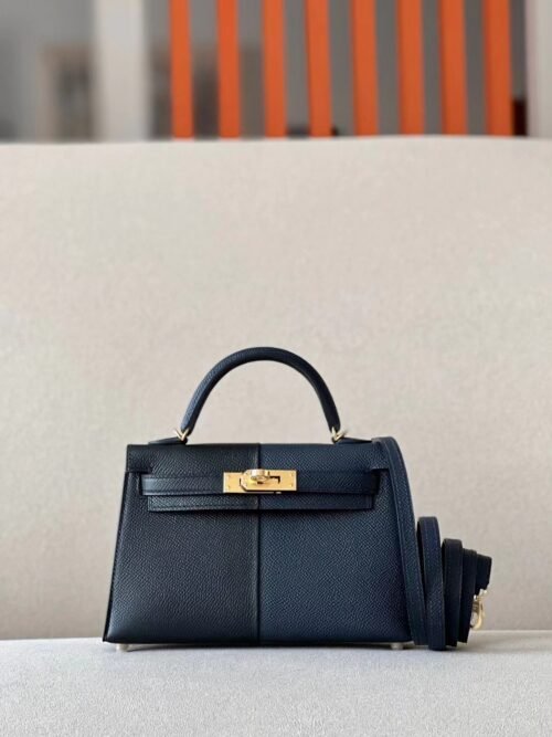 Hermes Mini Kelly Epsom CK89 Black & 2Z Deep Blue & K1 garnet red Gold Hardware 19cm Full Handmade