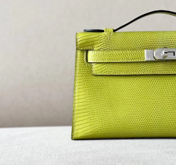 Hermes Mini Kelly pochette Lizard Leather 66 yellow-green Silver Hardware 22cm Full Handmade