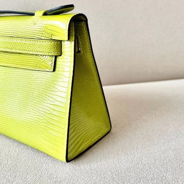 Hermes Mini Kelly pochette Lizard Leather 66 yellow-green Silver Hardware 22cm Full Handmade