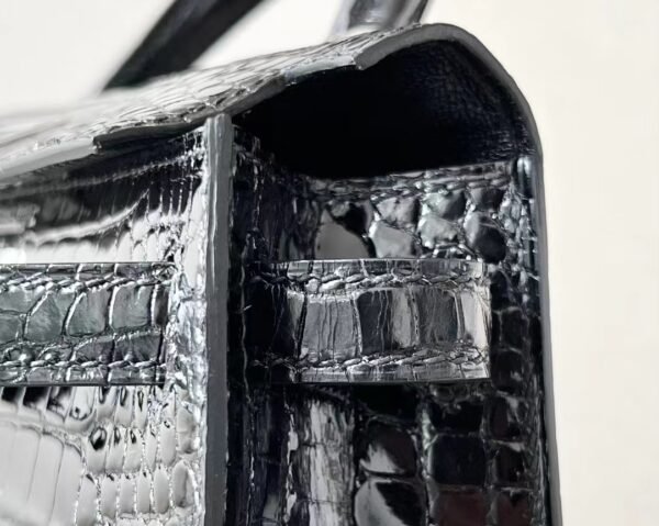 Hermes mini Kelly Shiny Wild Alligator crocodile CK89 Black Silver Hardware 19cm Full Handmade