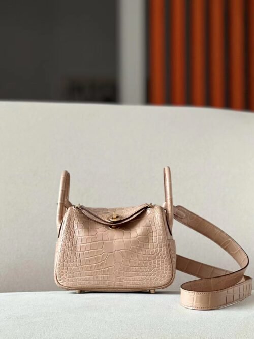Hermes Mini Lindy Matte Alligator crocodile OM Tea Khaki Gold Hardware 19cm Full Handmade