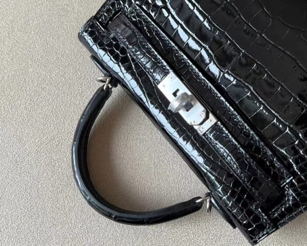 Hermes mini Kelly Shiny Wild Alligator crocodile CK89 Black Silver Hardware 19cm Full Handmade
