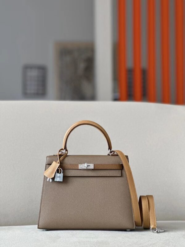 Hermes Kelly Epsom 18 Etoupe Grey & 3G chestnut & 4B Khaki Silver Hardware 25cm Full Handmade