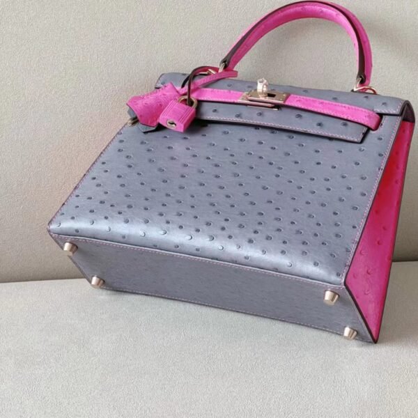 Hermes Kelly Ostrich 82 Agate grey & E5 Candy Pink Rose Gold Hardware 25cm Full Handmade