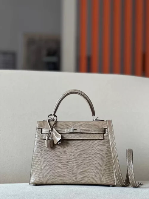 Hermès Kelly wild Lizard 17 Twine grey Silver Hardware 25cm Full Handmade