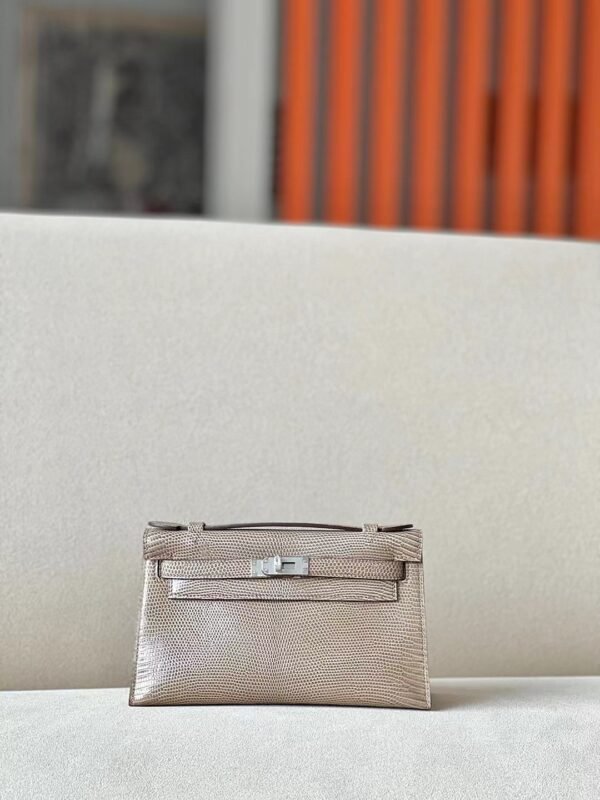 Hermes mini Kelly pochette Lizard CC17 Twine grey Silver Hardware 22cm Full Handmade