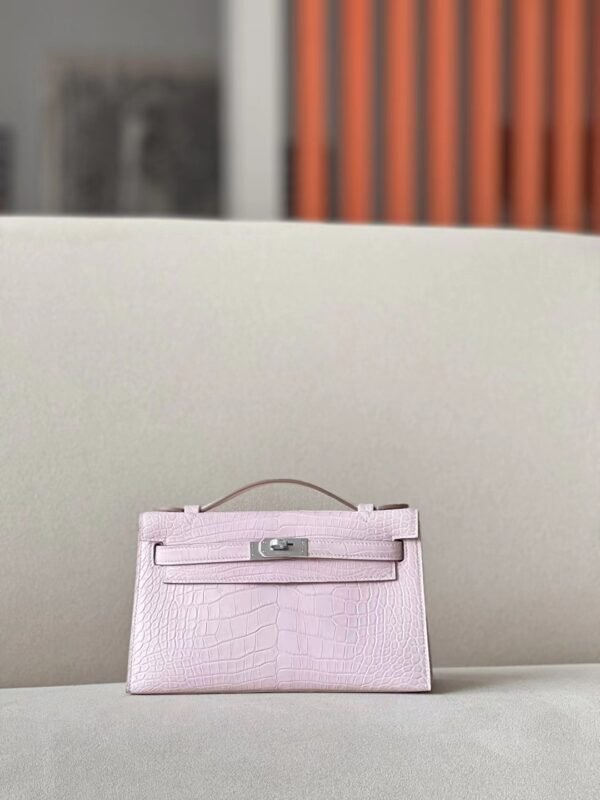 Hermes mini Kelly pochette Alligator 09 Light Purple Pink Silver Hardware 22cm Full Handmade