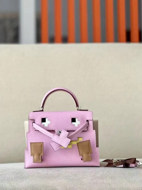 Hermes Kelly doll Mosaic Epsom Pink & White & Black & Yellow & Khaki Silver Hardware 18cm Full Handmade