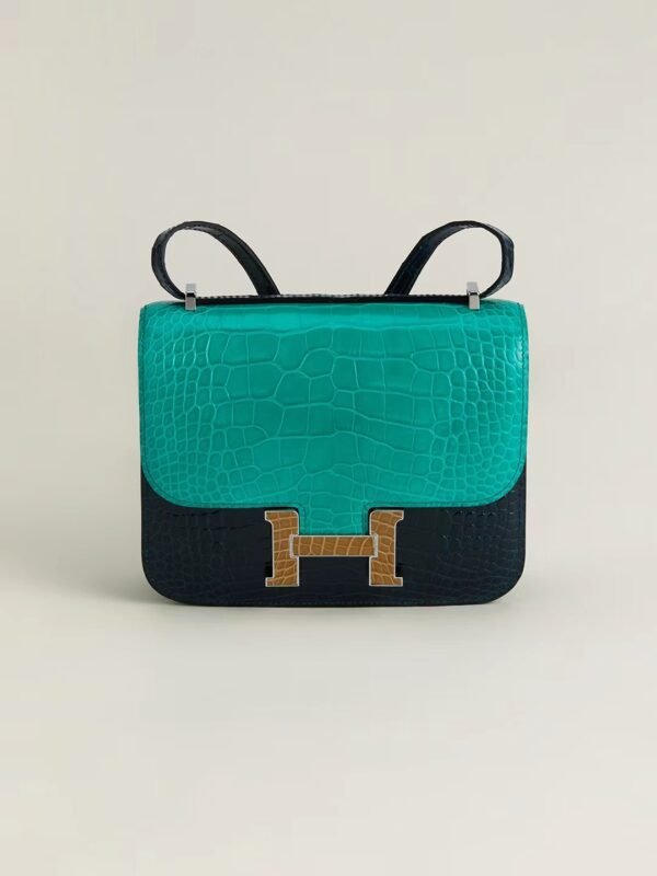 GPC Mode CJ19-Constance Shiny Alligator turquoise & Black crocodile Buckle Silver Hardware 18cm Full Handmade