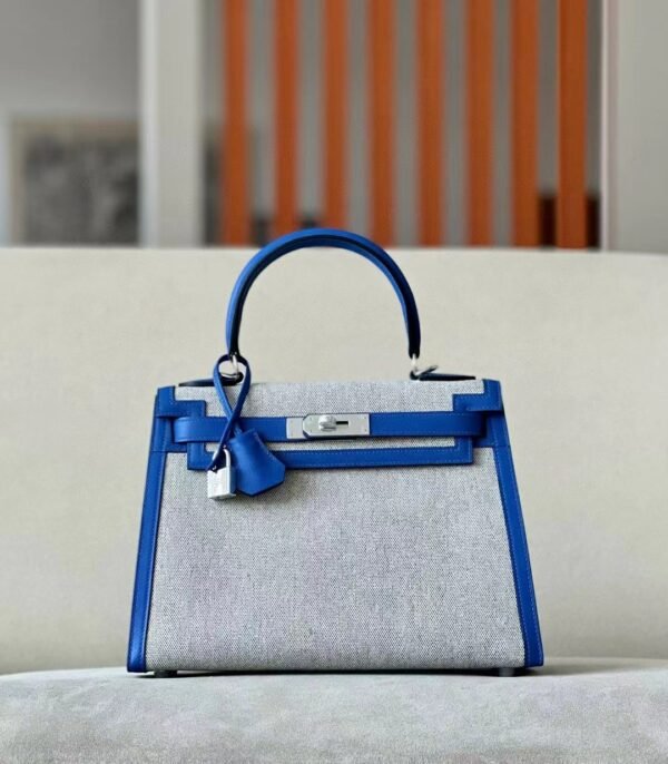 Hermes Kelly swift & canvas 71 Bright Blue Silver Hardware 28cm Full Handmade