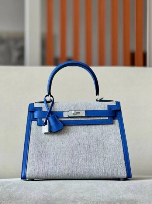 Hermes Kelly swift & canvas 71 Bright Blue Silver Hardware 28cm Full Handmade