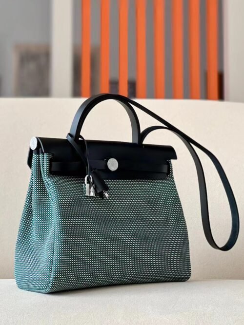 Hermes Herbag Barenia & Canvas Green blue white knit Black & Deep Blue Silver Hardware 31cm Full Handmade