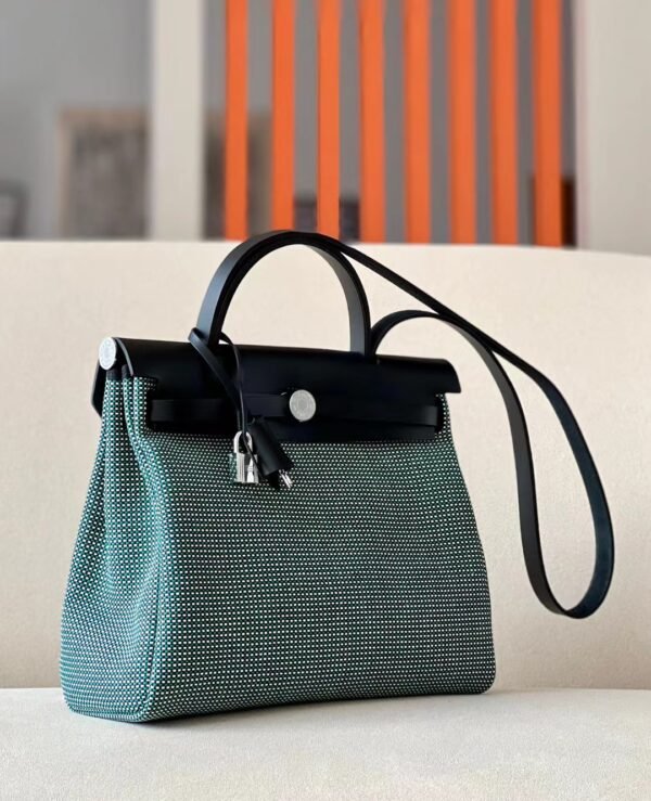 7905f6ae9e64960 Hermes Herbag Barenia & Canvas Green blue white knit Black & Deep Blue Silver Hardware 31cm Full Handmade