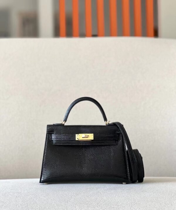 Hermès mini Kelly Lizard CK89 Black Gold Hardware 19cm Full Handmade