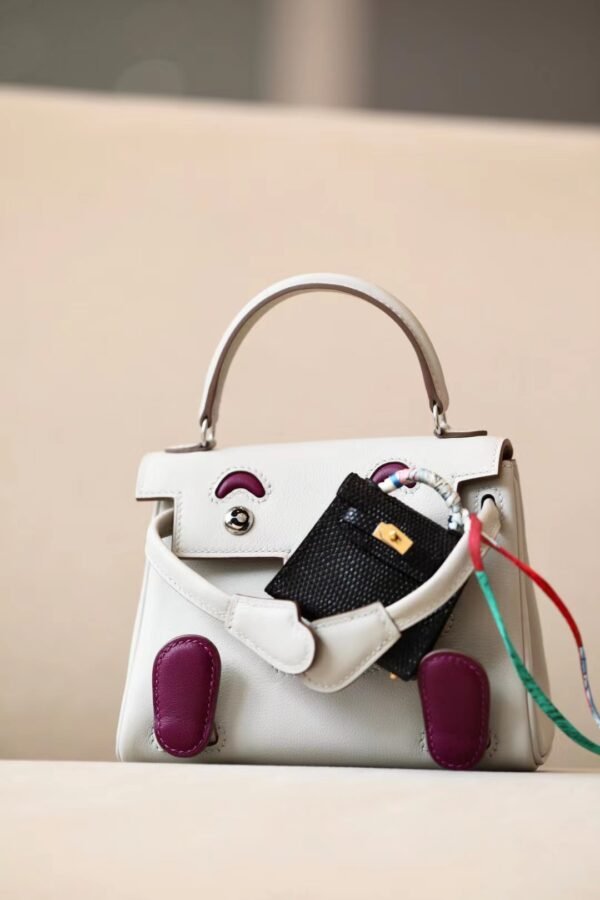 Hermes Kelly doll Swift Pearl grey & Rose Purple Silver Hardware 16cm Full Handmade