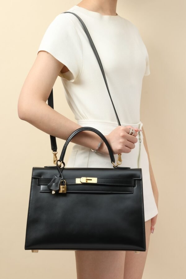 GPC Mode Kelly Shiny Box Leather CK89 Black Gold Hardware 35cm Full Handmade