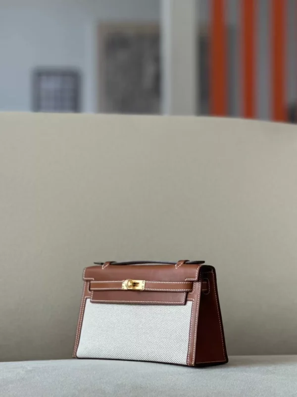 Hermès Kelly pochette Barenia & Canvas CK37 Golden Brown Gold Hardware 22cm Full Handmade