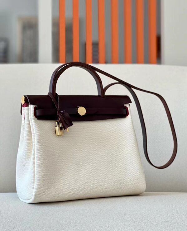 7ce2f9e0bd5d074 Hermes Herbag Barenia & Canvas Black & White Gold Hardware 31cm Full Handmade