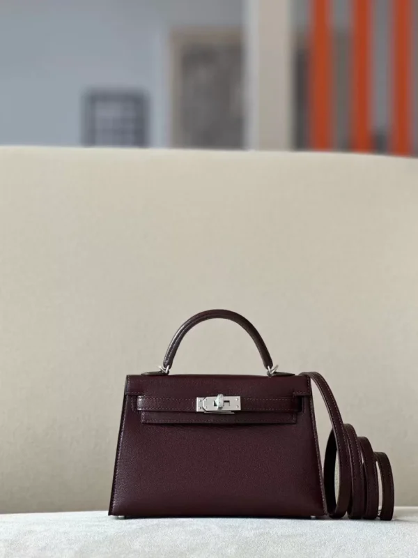 Hermès Mini Kelly Chevre OG Brownish red Silver Hardware 19cm Full Handmade