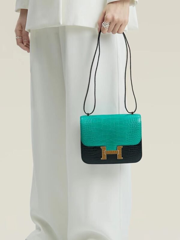 GPC Mode CJ19-Constance Shiny Alligator turquoise & Black crocodile Buckle Silver Hardware 18cm Full Handmade