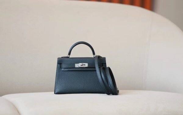 Hermes Mini Kelly Chevre Leather Cypress green & Blue Silver Hardware 19cm Full Handmade