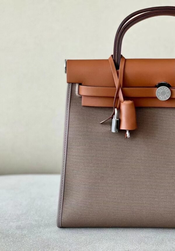 Hermes Herbag Barenia & canvas CK18 Etoupe Grey & Coffee Silver Hardware 31cm Full Handmade