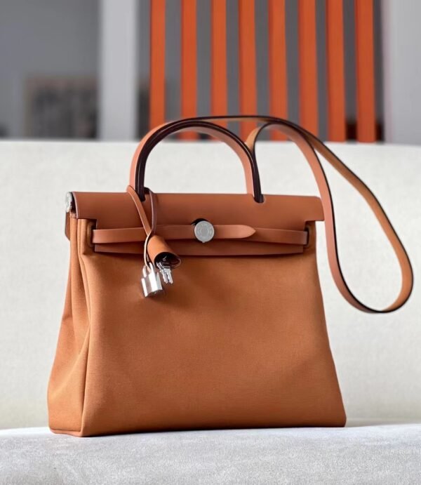 81f6ca02ff3f9b8-1 Hermes Herbag Barenia & Canvas Golden Brown Silver Hardware 31cm Full Handmade