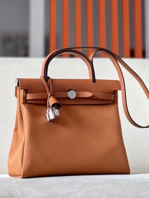 Hermes Herbag Barenia & Canvas Golden Brown Silver Hardware 31cm Full Handmade